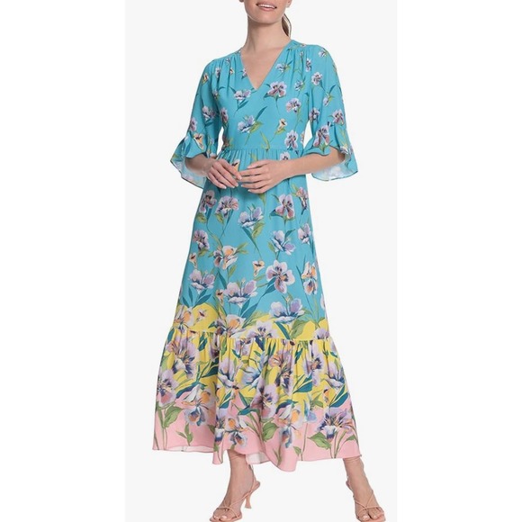 London Times Women's Floral Printed V-Neck Tiered Maxi Dress Sz 4 * Wom1111 - Picture 1 of 6